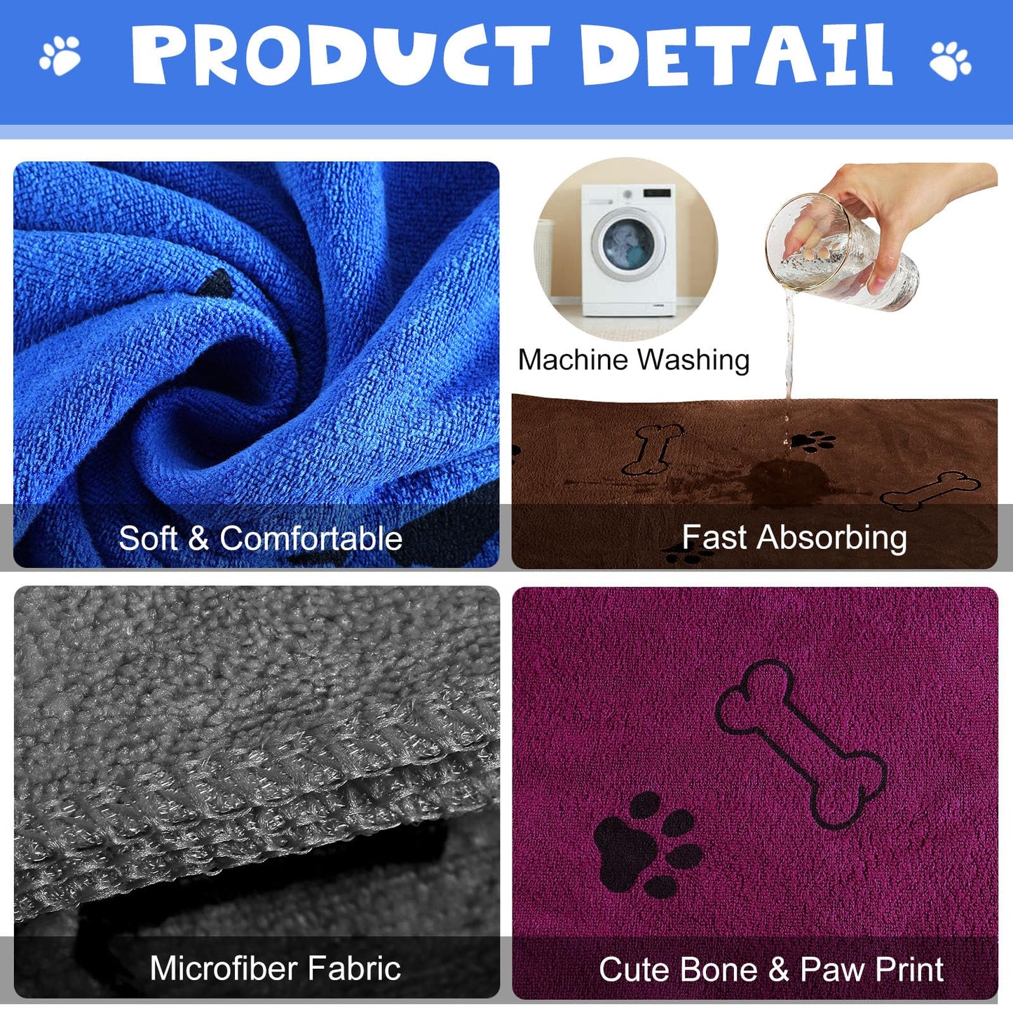 4 Pcs Dog Towels for Drying Dog Puppy Bulk Microfiber Absorbent Paw Towel Pet Bathing Supplies Quick Drying for Medium Ca